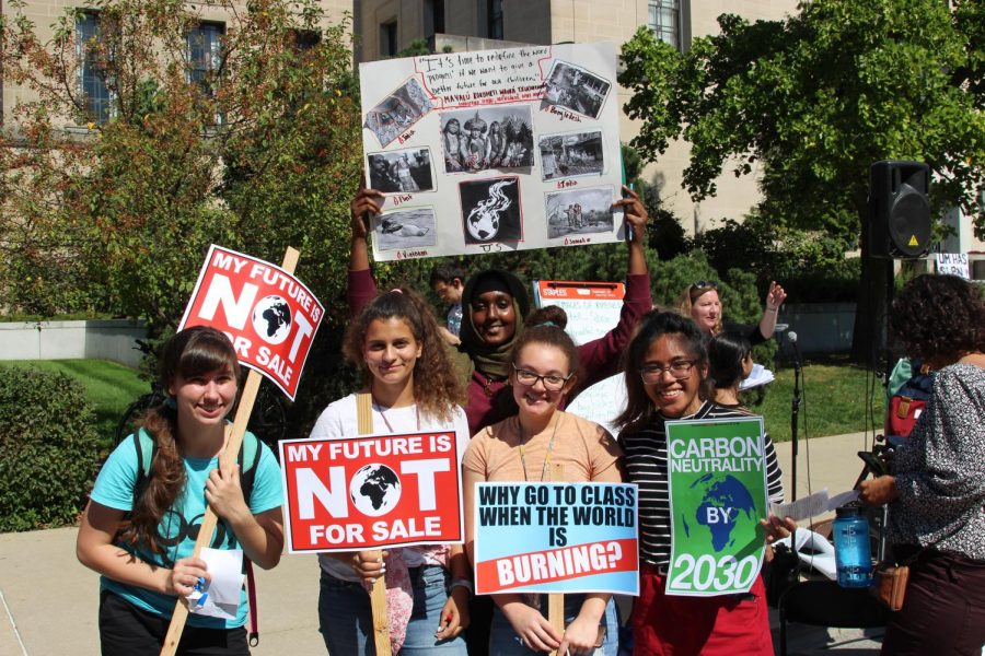 Seniors Aria Tinney, Sumayah Basal, Kowsar Mohamed, Nia Saxon and Dea Olegario walked out of school on Friday to protest environmental inaction. If yo work together, you can make something beautiful, TInney said.