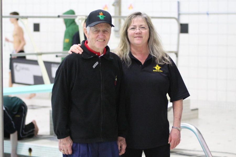 Vicki and Dick Kimball photographed in Huron High schools swimming pool. 