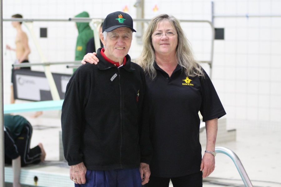 Vicki and Dick Kimball photographed in Huron High school's swimming pool. 