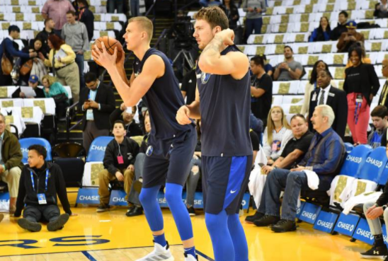 Luka Doncic and Kristaps Porzingis from the Dallas Mavericks warm up prior to a 142-94 victory over the Golden State Warriors.