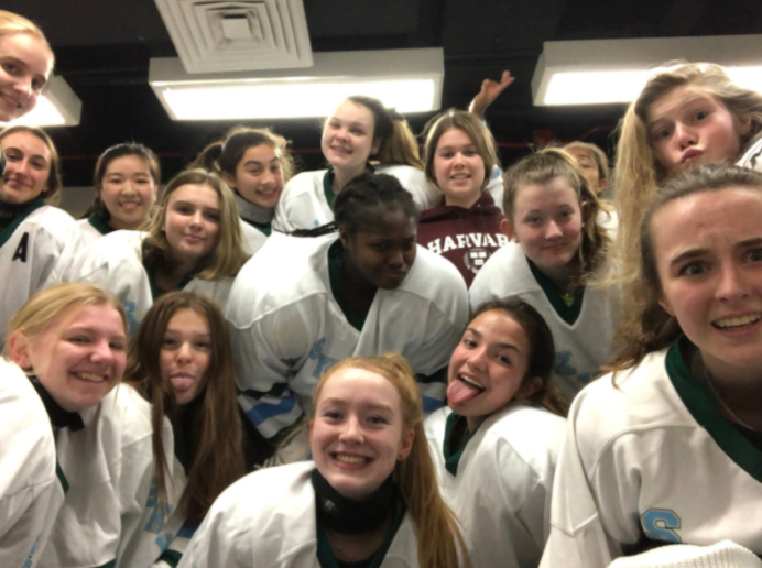 The entire Skyron hockey team, made up of members from Huron and Skyline,  taking a selfie dressed for a game. 