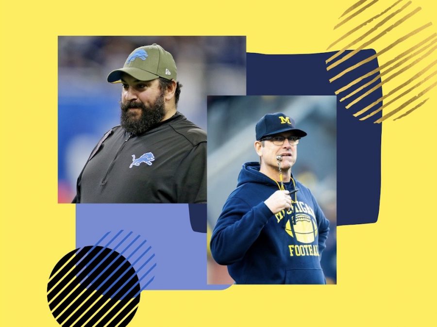 Detroit Lions coach Matt Patricia (right) looks on before their NFL game against the Dallas Cowboys at Ford Field in Detroit. Head coach Jim Harbaugh watches as players run scrimmage during Michigans Spring Game at Michigan Stadium.