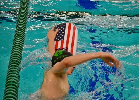 Joe ONeal is kicking with a board. For Thursdays meet, ONeal took part in the 200 yard medley relay, 100 yard butterfly, 100 yard backstroke, and 400 yard freestyle relay.