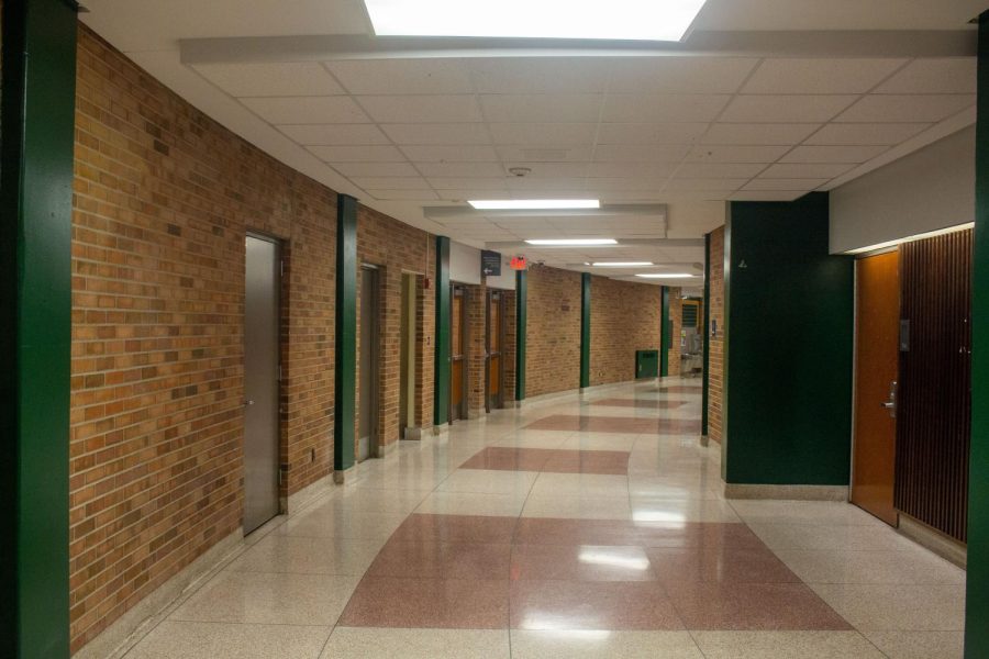 Many of the hallways at Huron are curved, which mirrors the outside shape of Huron. This particular hallway is in the music wing. As you walk farther into the two circles of the school, the circles created by the hallways become progressively smaller, until at the center, there is either an auditorium or a gym.