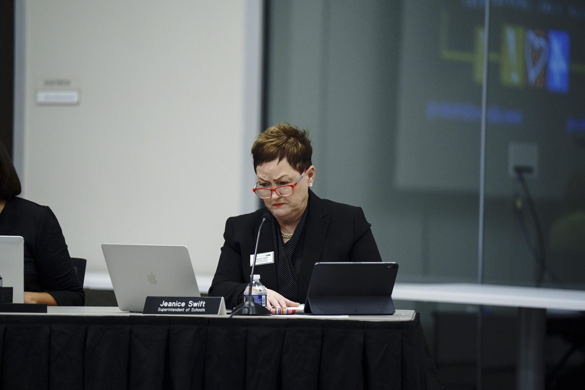 Swift at the school board meeting. 