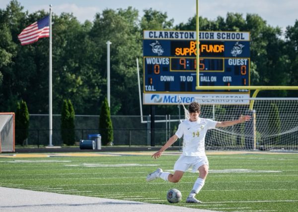 Prevost playing for the Huron soccer team against Clarkston. 