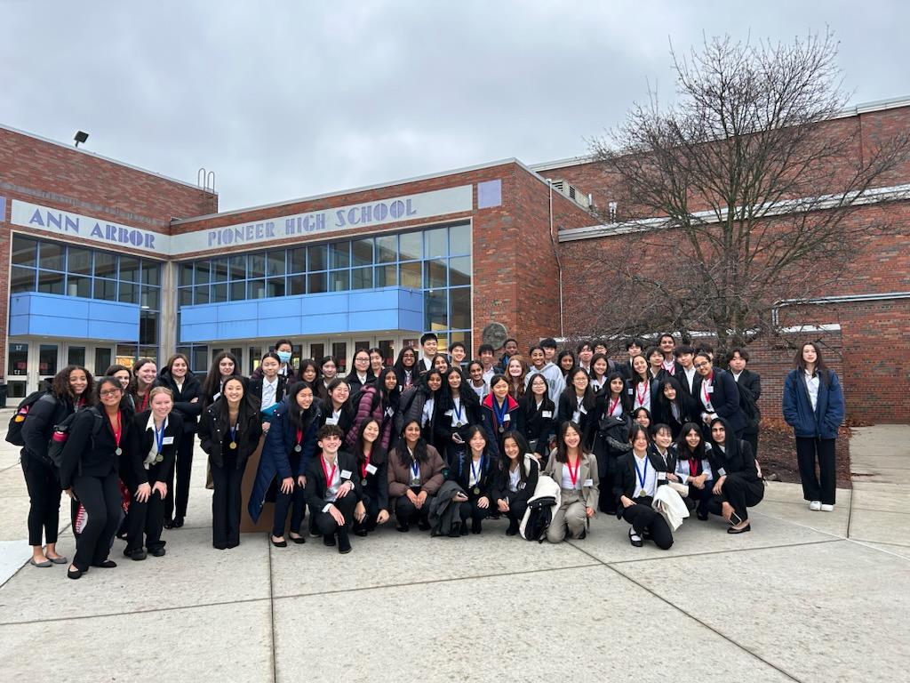 Huron HOSA posing after regionals, hosted at Pioneer High School. Photo courtesy of Claire Wang. 