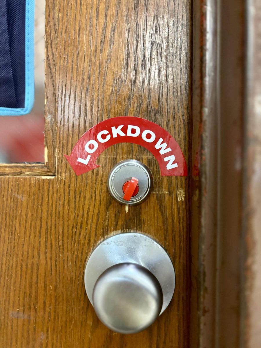 The new red thumb locks have been installed on every door in the Ann Arbor Public Schools for a quick, consistent locking system.