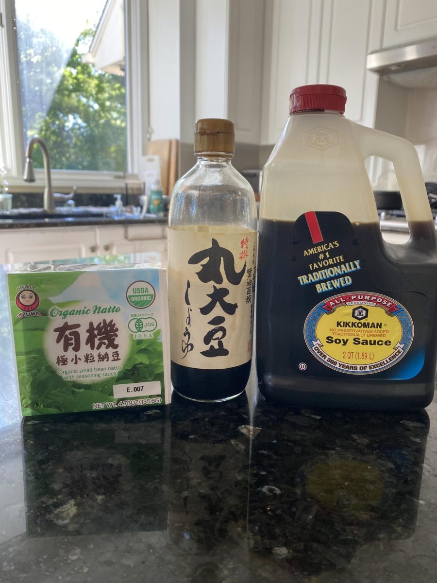 Fermented soy beans sit to the left of two soy sauce brands. 