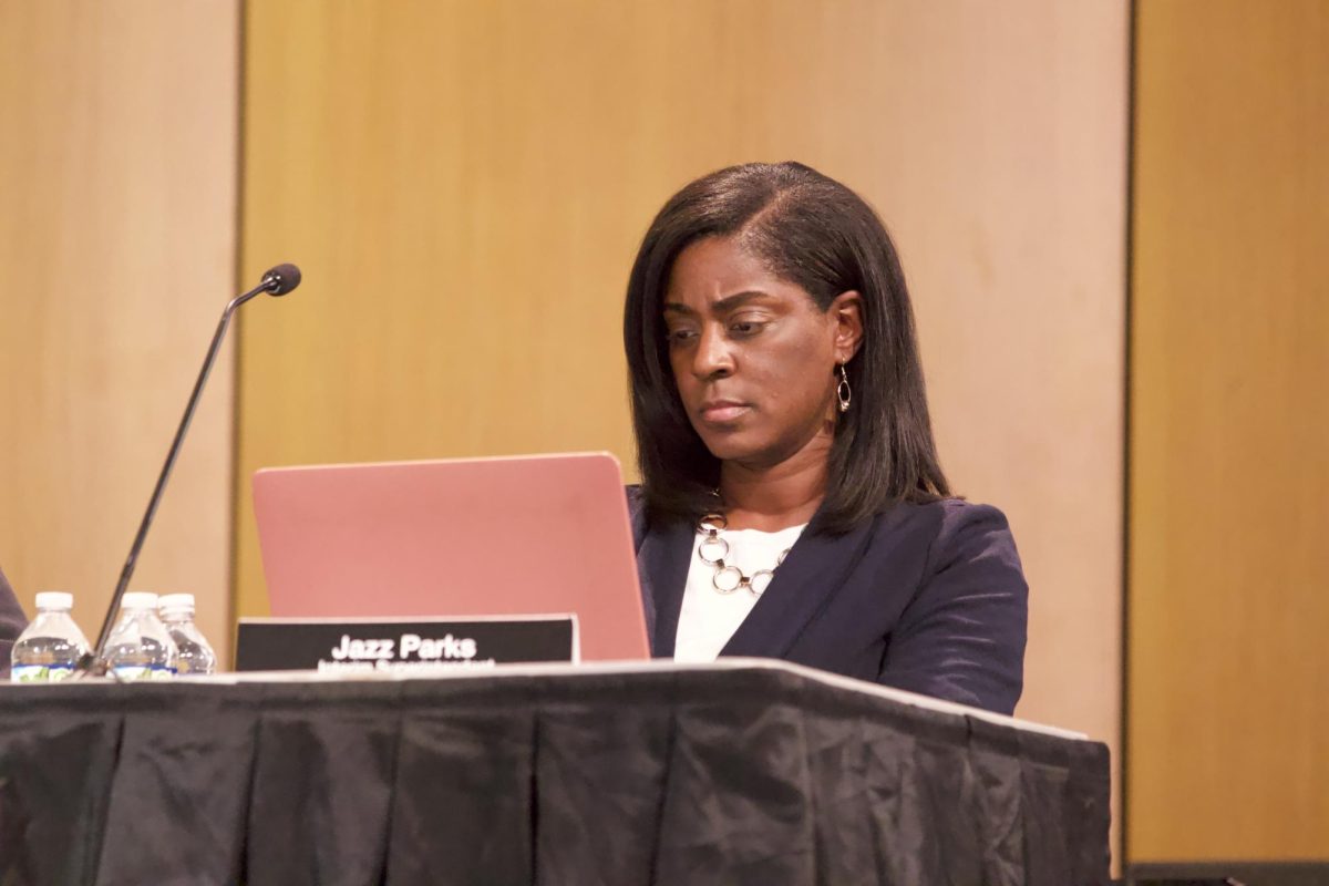 Superintendent Jazz Parks looks at her computer before the Board meeting on May 20. 