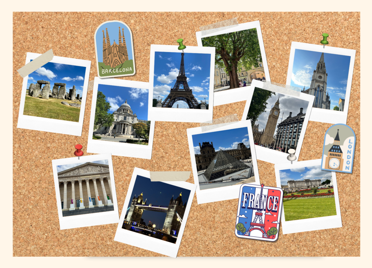 Photos of landmarks from London, Bath, Edinburgh, Paris, and Barcelona. 
