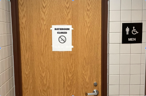 A picture of the boys bathroom on the third floor closed from various problems related to behavior.