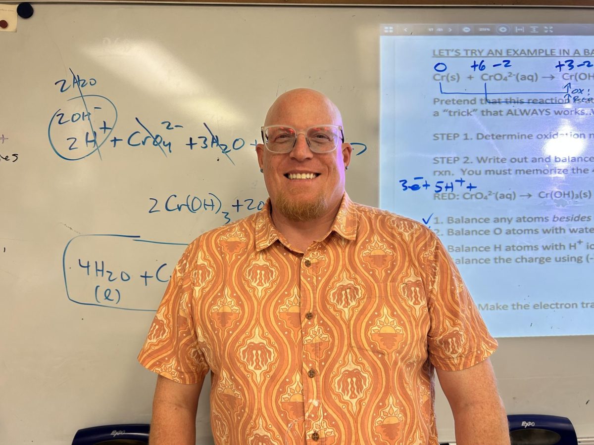 Chemistry teacher Andrew Collins stands in his classroom.