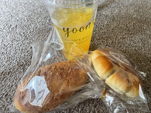 Baked goods and a drink from Yoon's Bakery. 