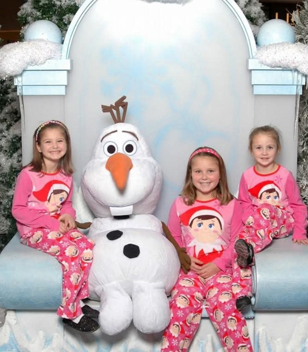 For the holidays, Sell and her sisters took a photo with an Olaf in matching pajamas. Photo courtesy of Sell.