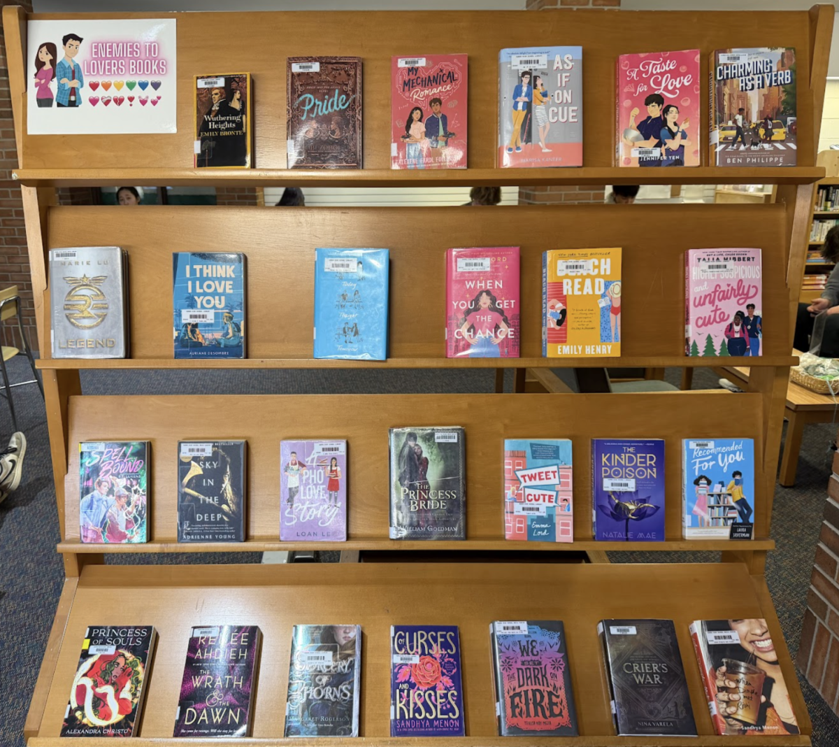 A section in the library filled with romance "enemies-to-lovers' books. 