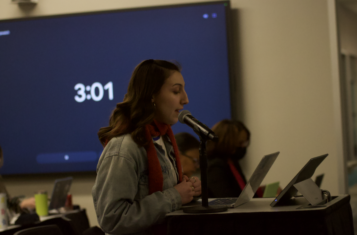 Huron alumni Selene Koremonos-Tsbelis delivering her speech and commentary towards the board. 