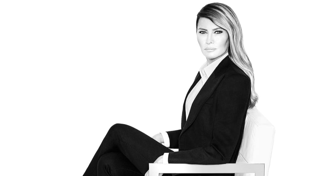 The poster for Melania (2025), featuring a minimalist black-and-white portrait. Image courtesy of Amazon MGM Studios.