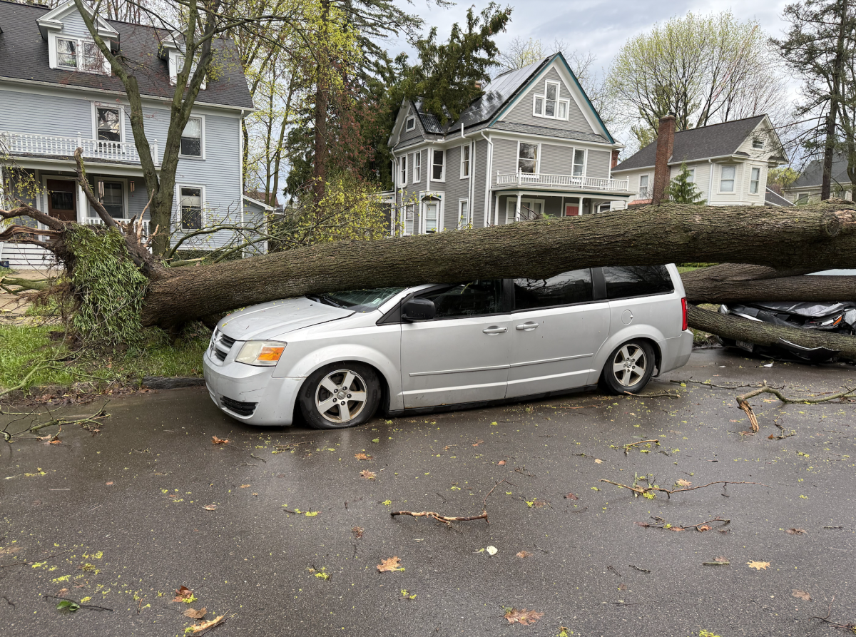 A massive tree was uprooted and fell onto multiple parked cars in the Burns Park neighborhood of Ann Arbor after a the powerful storm swept through the area on April 15, causing significant damage. The storm’s intense winds brought down the tree, crushing the vehicles beneath it.