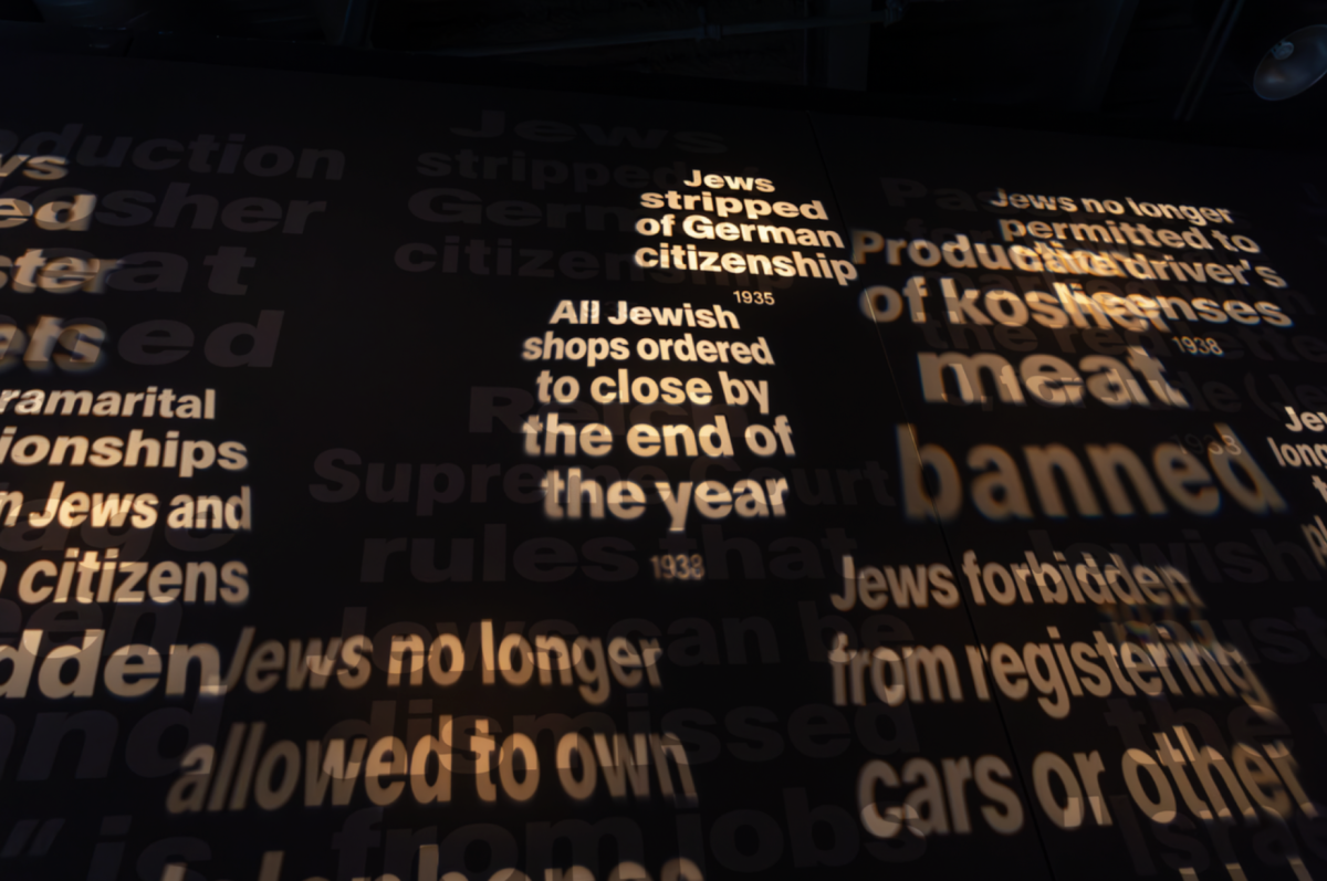 These were the laws that were meant to confine and persecute the Jewish population. Some read "Jews stripped of German citizenship (1935)" and "All Jewish shops ordered to close by the end of the year (1938)."
