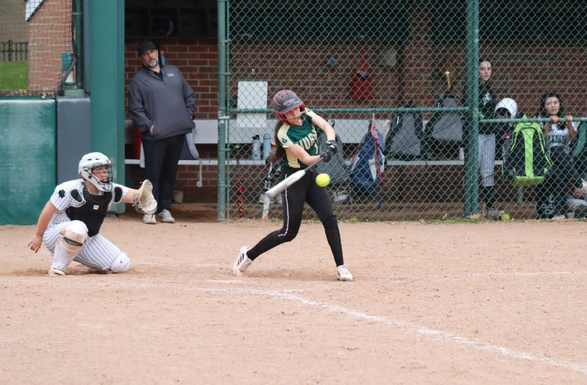 Ladezema swings and makes contact during Huron Varsity Softball’s Tuesday May 12 double header at Father Gabriel Richard High School.